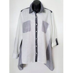 Jones New York Linen Color-Block Button-Down Shirt Size L Casual Chic Versatile